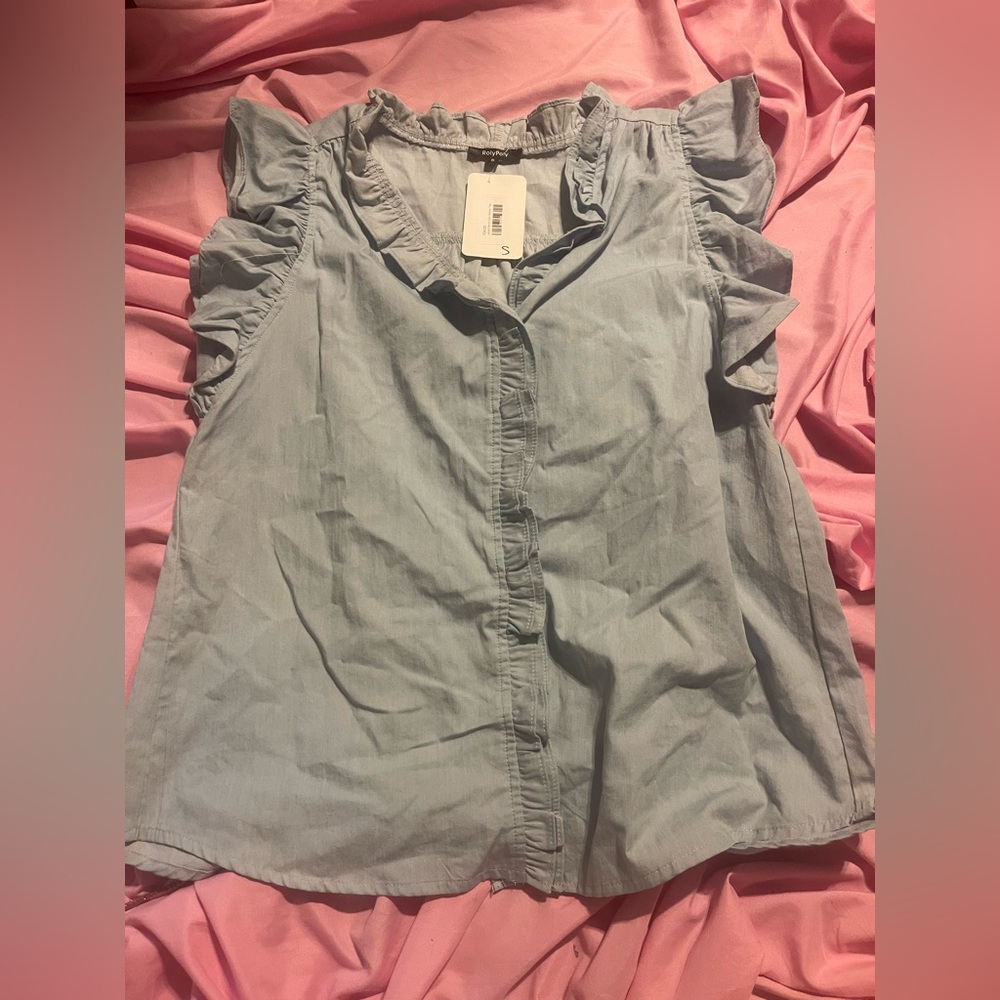 Women’s Light Blue Ruffled Sleeve Button-Front Blouse